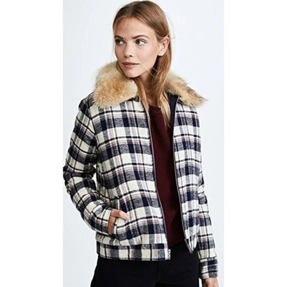 Jenni Kayne Flannel Checked Coyote Fur Collar Full Zip Jacket Navy Ivory M - Picture 1 of 12